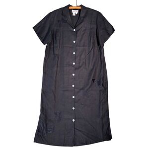 David Dart Midi Dress Womens Size 1X Linen Butterfly Embroidered Black Button Up